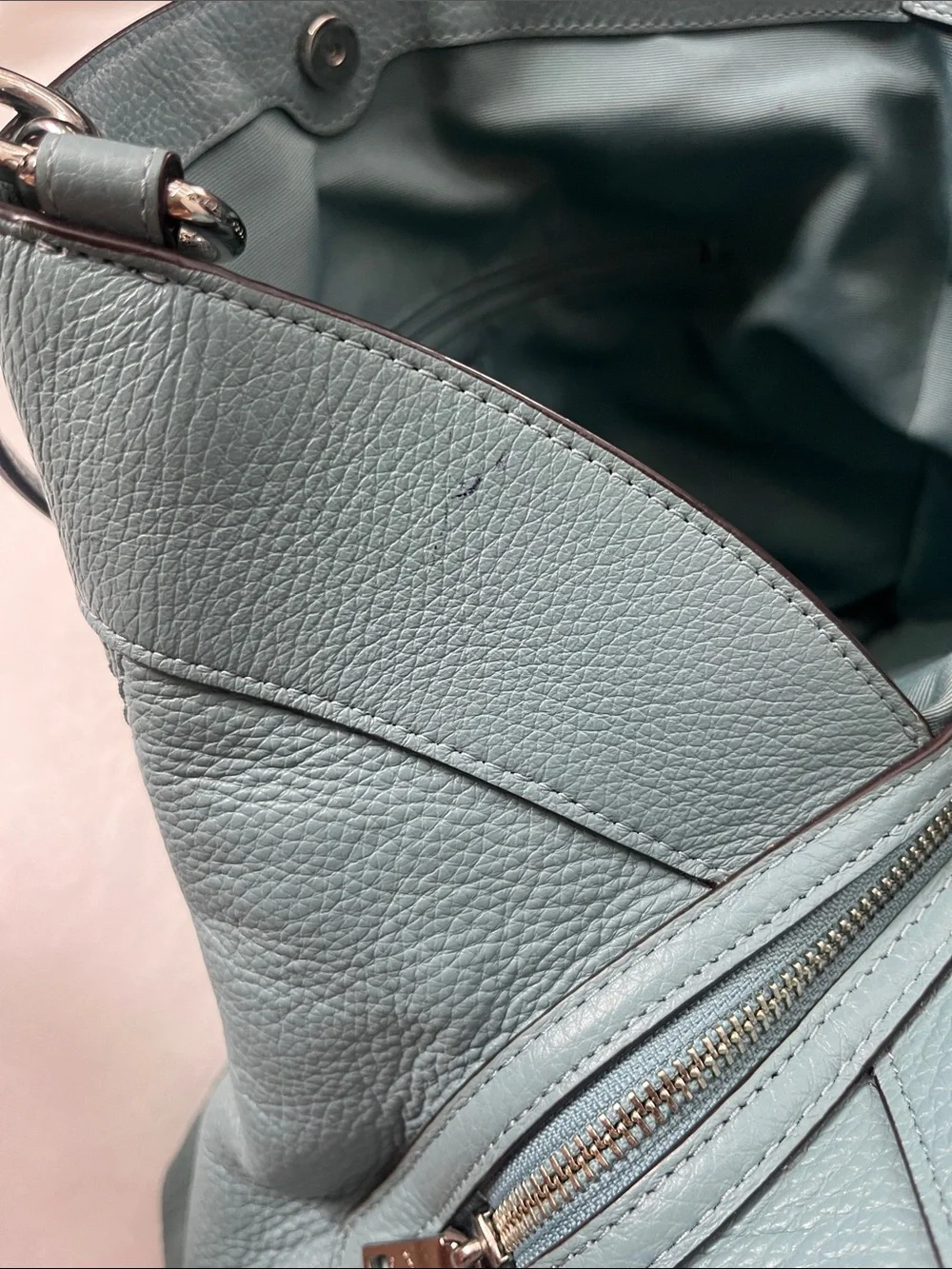 Coach Blue Pebbled Leather Shoulder Bag with Silver Hardware